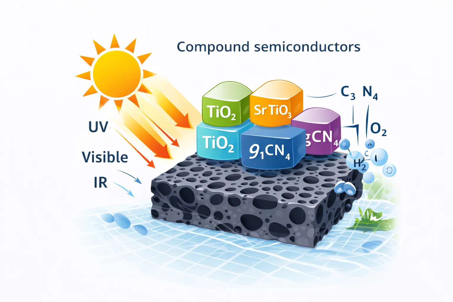 Solar photocatalytic semiconductor materials integrated in porous carbon structures